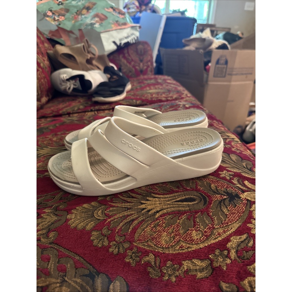 CROCS Boca LiteRide White Strappy Slip On Low Wedge Sandals 207434 Women's Sz 10